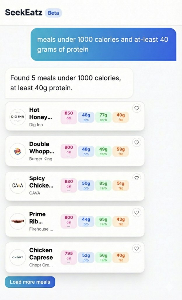 SeekEatz app — AI finding meals that fit your macros